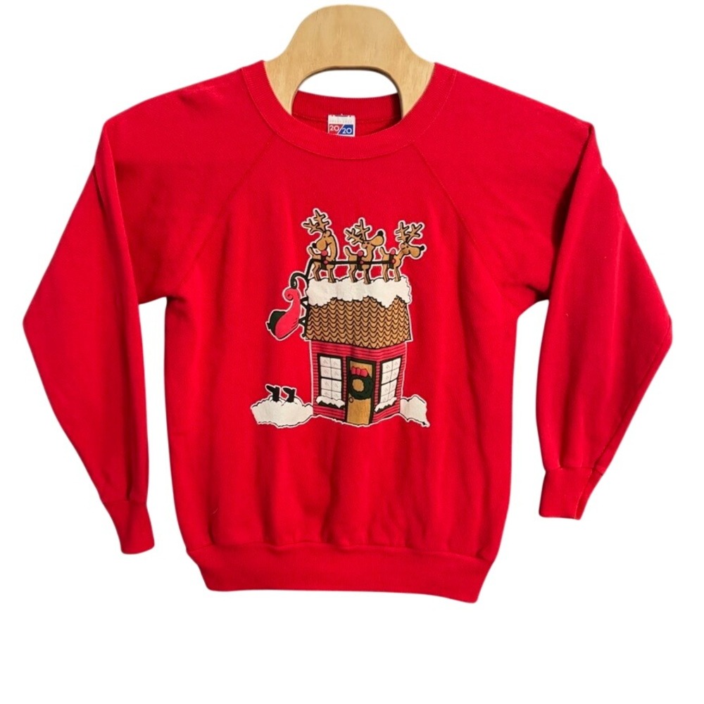Vintage 20/20 Sport Christmas Reindeer Sweatshirt Red Made in USA Large